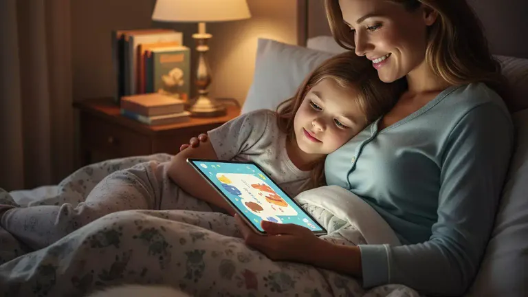 Parent and child enjoying a calm bedtime story together