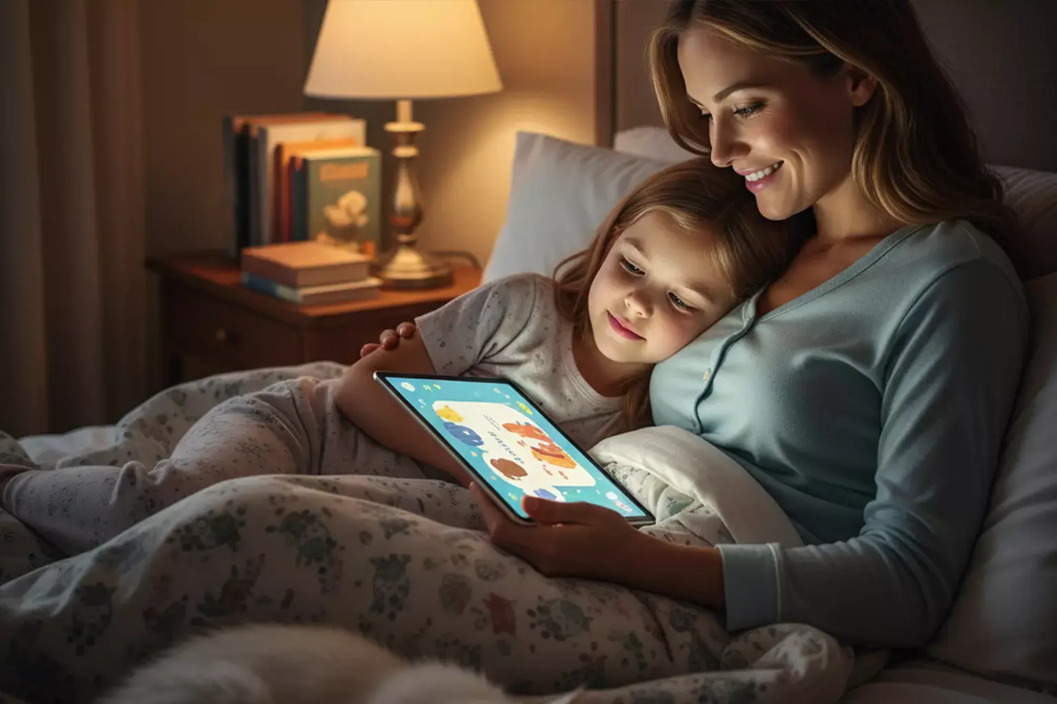 Parent and child relaxing together with a calm digital bedtime story on a tablet.