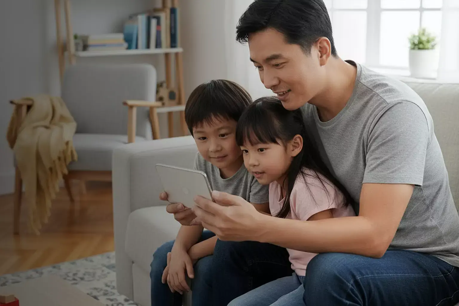 Parent reading animated stories with kids