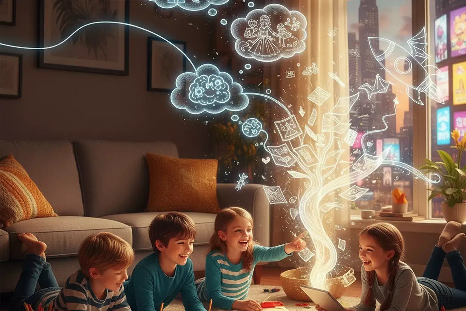 Child laughing while reading on a tablet